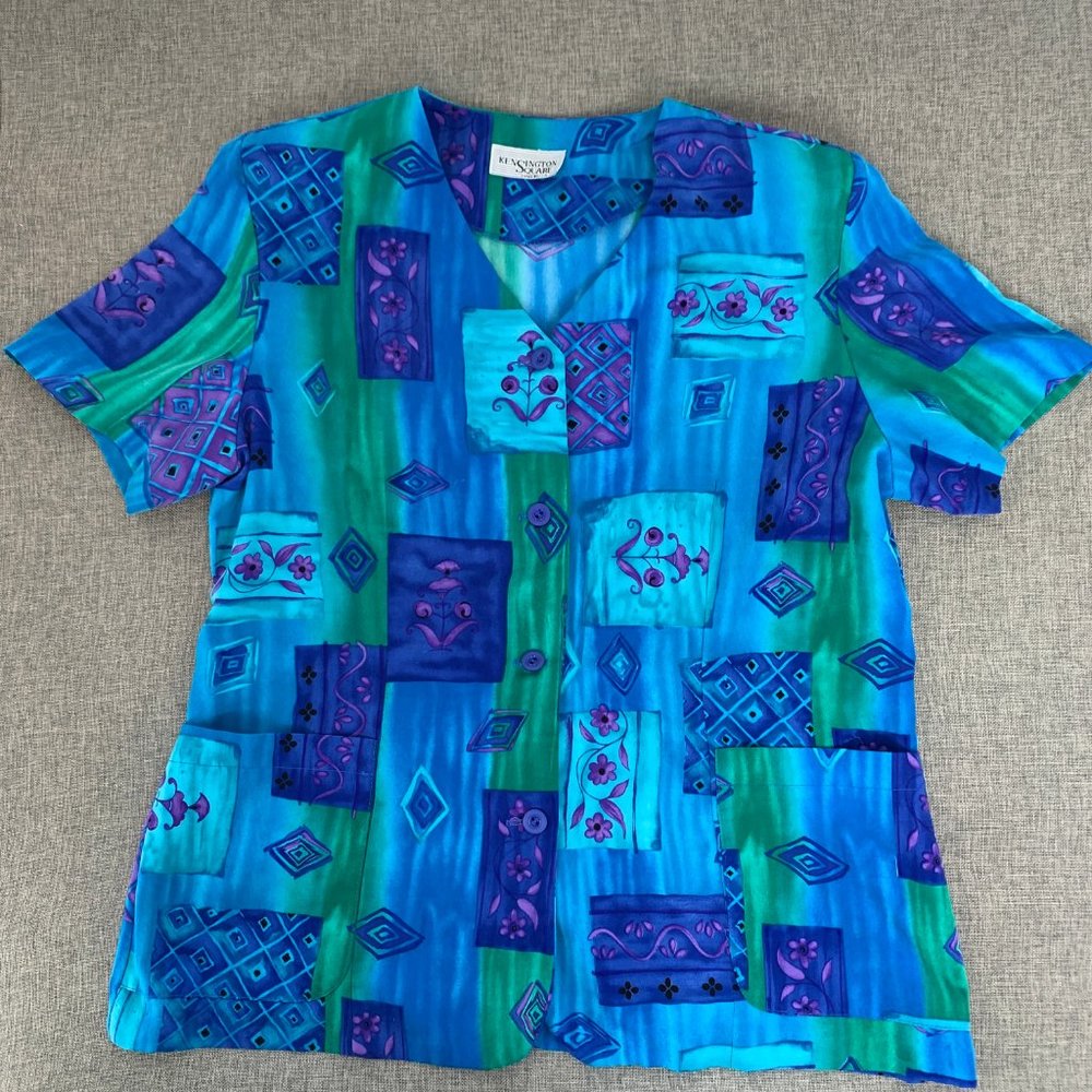 Vintage Kensington Square Button Down Blouse Floral Blue V-Neck Short Sleeve XL